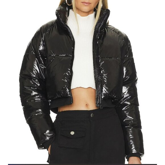 Revolve Blank NYC Jacket Shiny Patent Black Cropped Puffer Large NWT - Picture 1 of 10